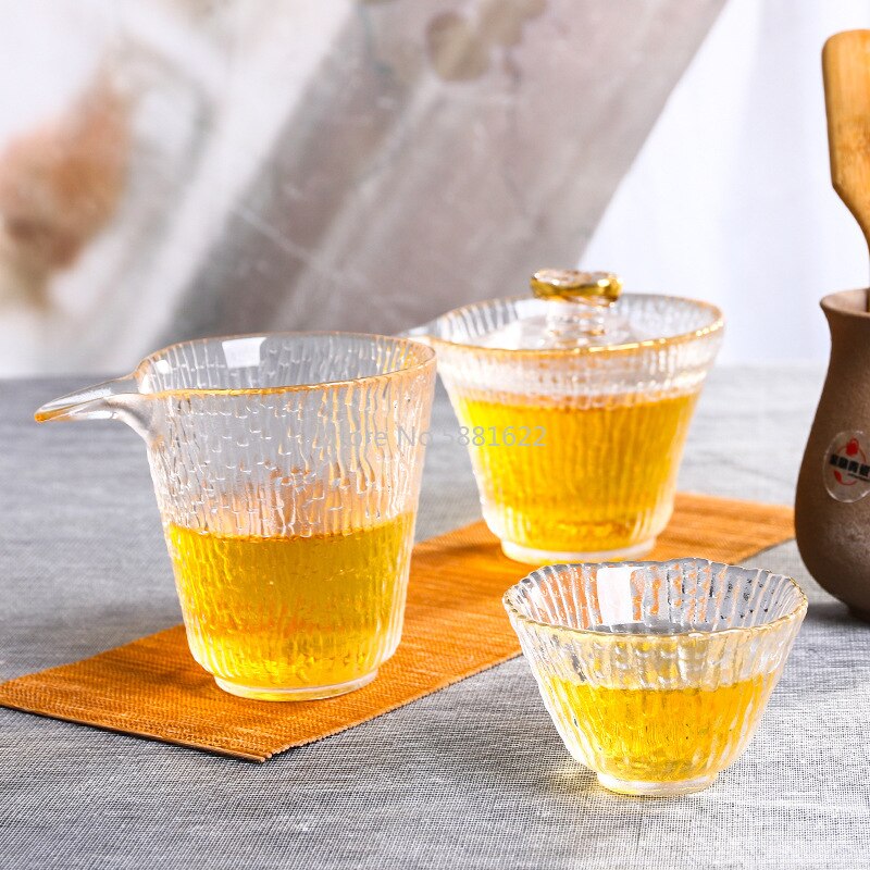 The tree pattern glass tea cup lead-free crystal glass fair cup with gold cover tea set