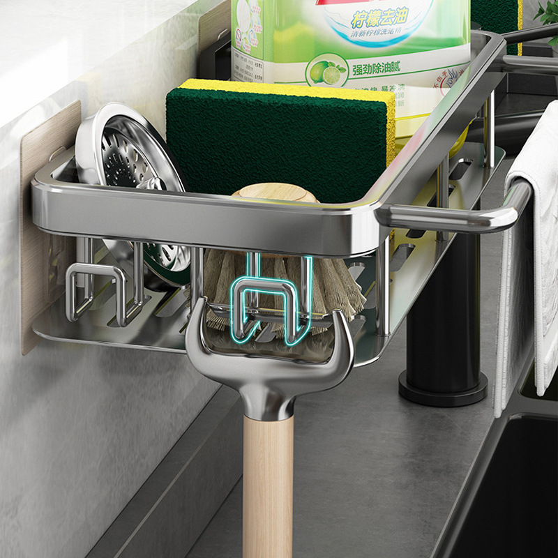 Estante de drenaje multifuncional montado en la pared, estante de cocina sin perforaciones, estante de especias, estante de almacenamiento para fregadero, suministros de cocina, 1 Uds.