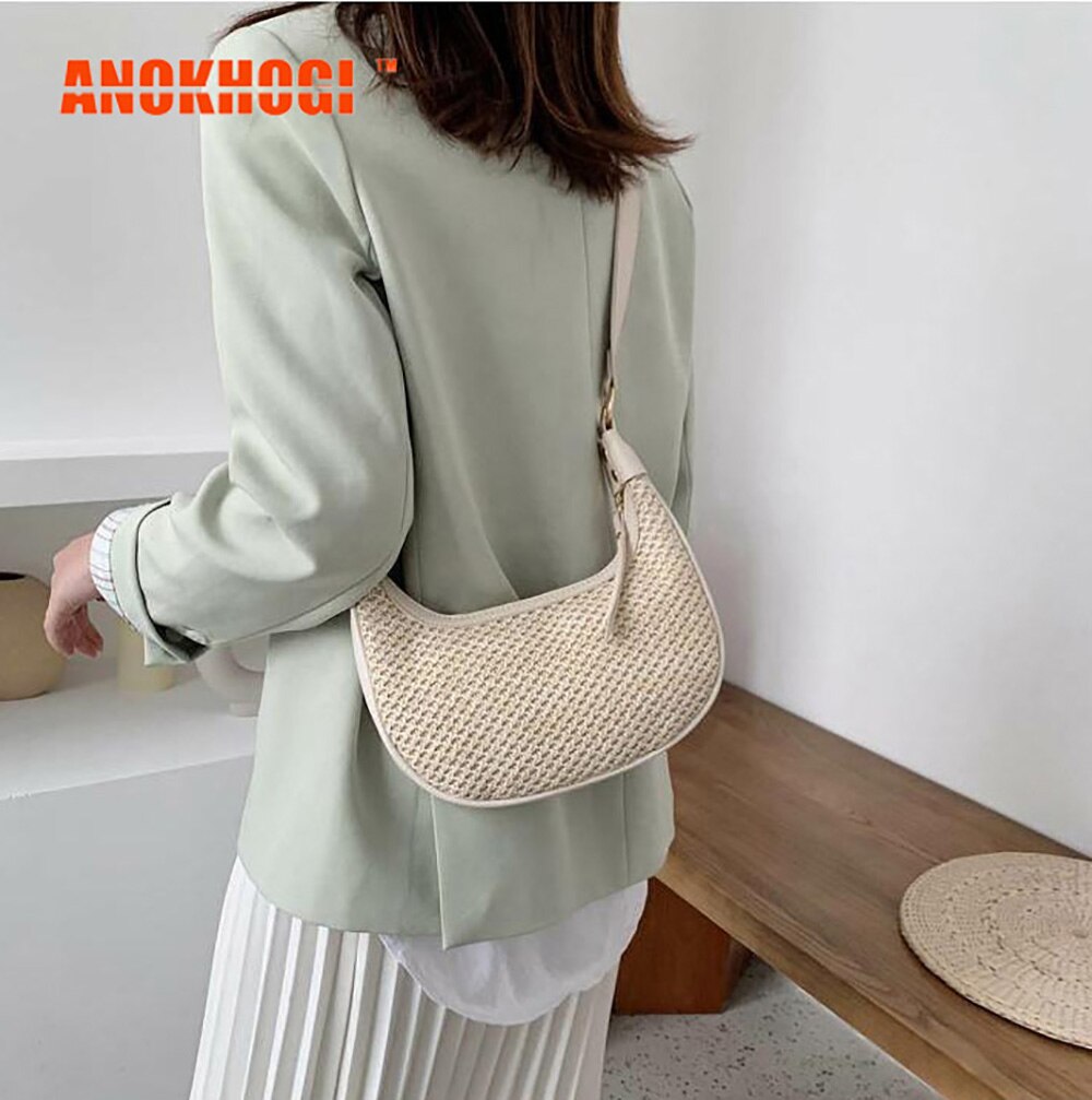 Anokhogi volledig gras geweven patchwork vrouwelijke schoudertas kleurrijke brede schouderband handtas  zx90