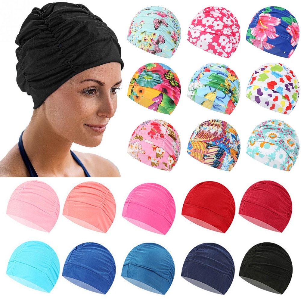 Shower Cap Elastic Nylon Turban Flowers Printed Swimming Cap Pool Bathing Hat Long Hair Protect Waterproof Hats for Men Women