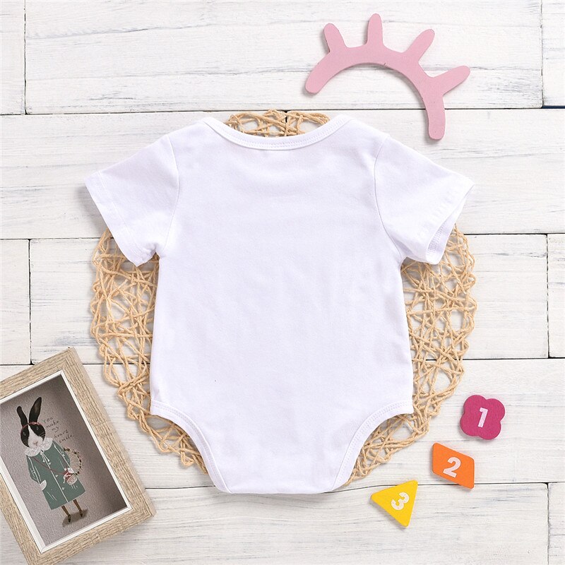 One Persent Baby Bodysuits Letter Print Round Neck Short Sleeve Bodysuit Jumpsuit for Girls Boys White Clothing