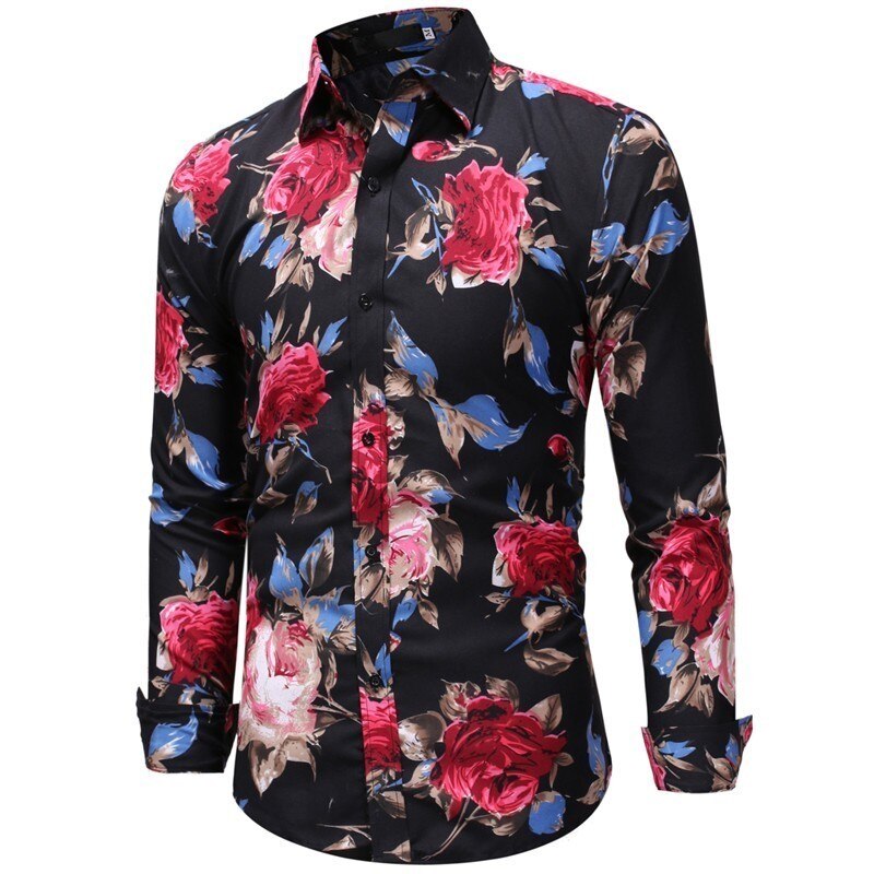 hommes automne casual imprimé chemise homme à manches longues Floral imprimé chemise Slim Fit fleur chemise hauts M-3XL