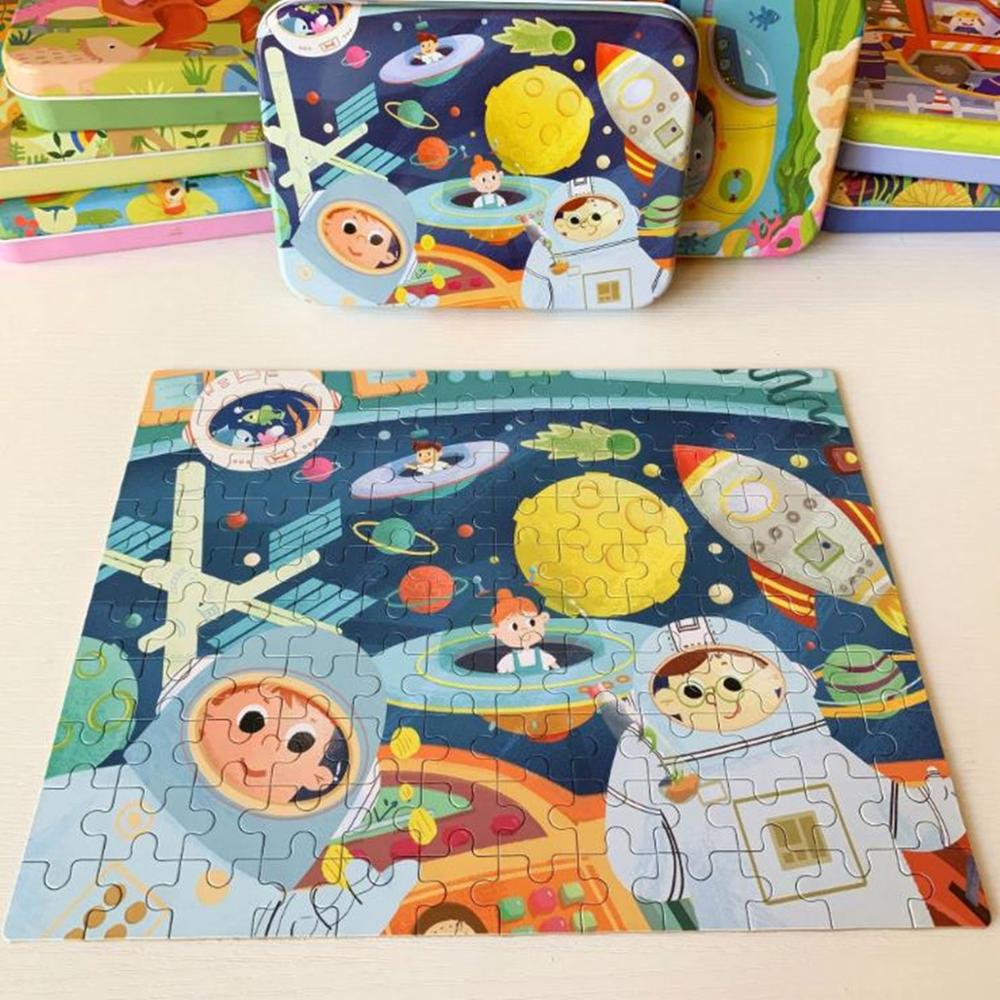 120 stück Eisen Box Verpackung Holz Cartoon Puzzle Spielzeug Kinder Intelligenz Entwicklung Tangram Und Jigsaw Puzzle Spielzeug