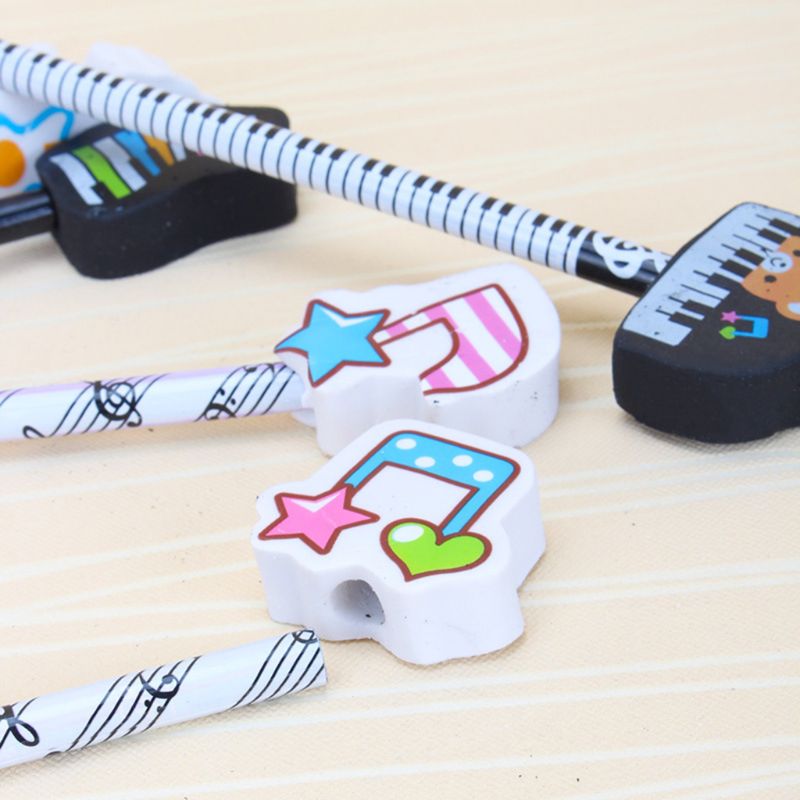 6pcs Musical Note Pencil 2B Standard Round Pencils Piano Notes Eraser Writing Drawing Tool Stationery School Student