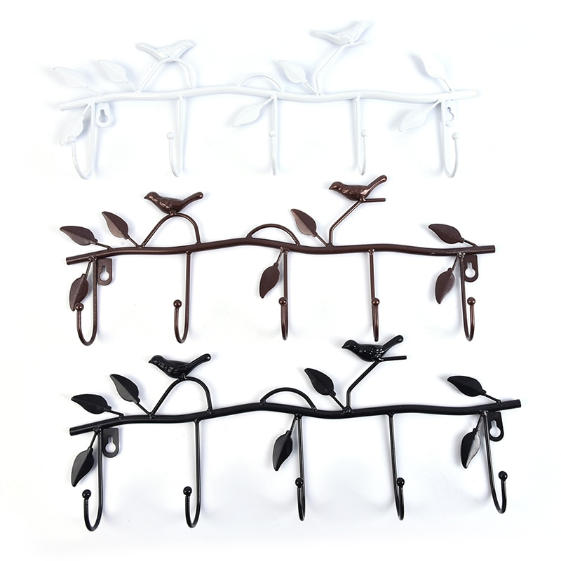 Retro 5 Haken Smeedijzeren Vogel Vorm Haak Leaf Muur Robe Hanger Sleutel Jas Houder