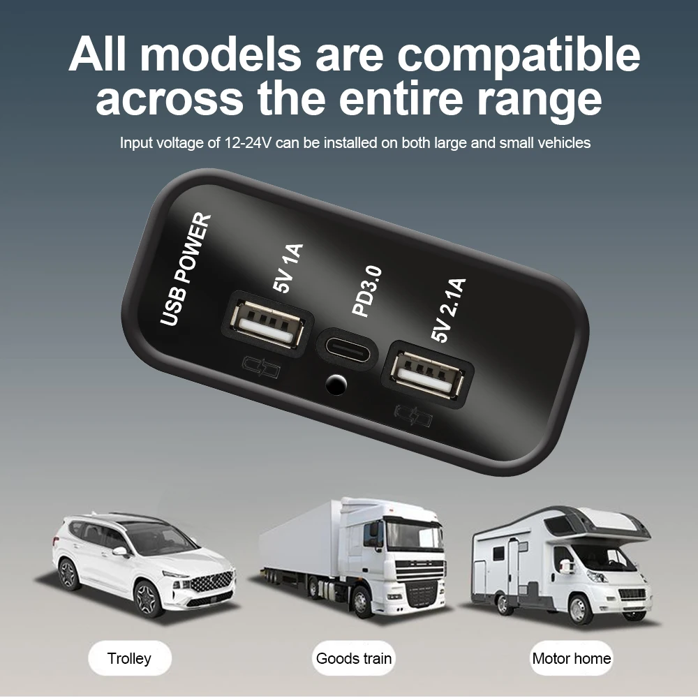 12v usb-uttak , pd3.0 type c-porter , qc3.0 og 2.4a usb a-lader 3 porter hurtigladekontaktpanel for bil, motorsykkel, marin lastebil