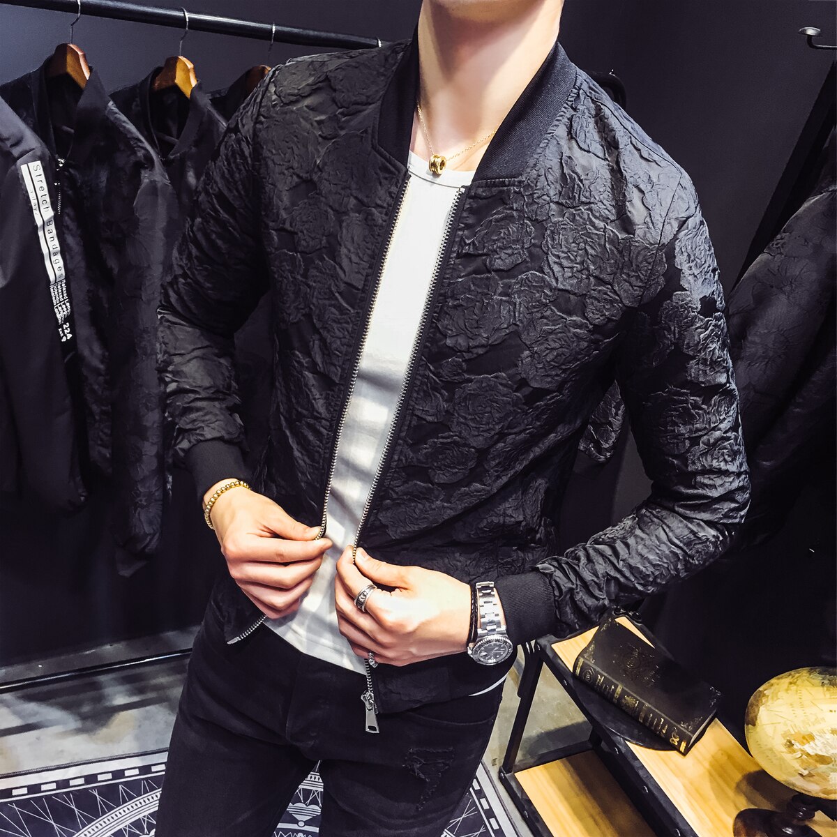 Autumn Jacquard Bomber Jackets Men Luxury Wine Red Black Grey Party Jacket Outfit Club Bar Coat Men Casaca Hombre 4XL: black / 3XL