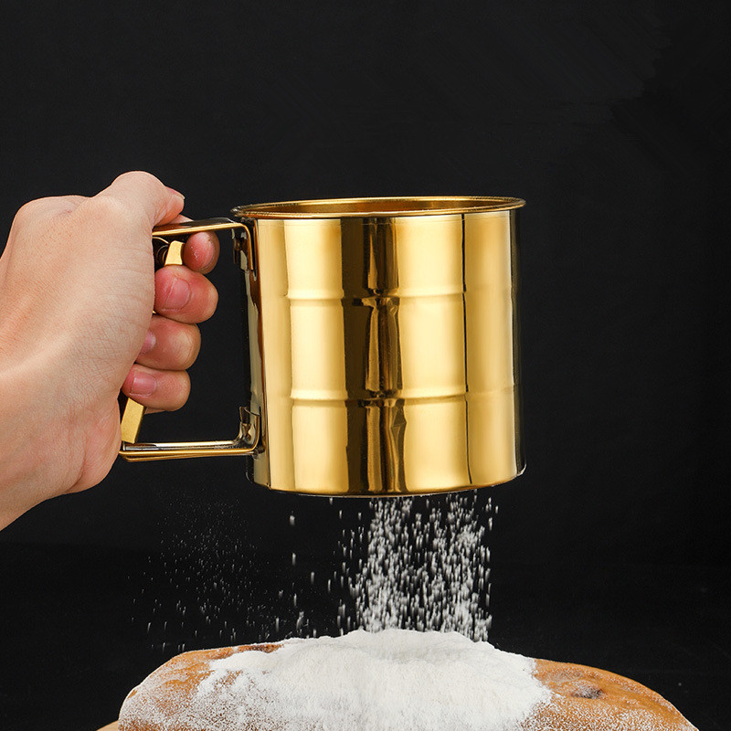 Tamis à farine semi-automatique à mailles fines, avec échelle de mesure, filtre à sucre glacé en acier inoxydable, passoire de tasse, cuisson de cuisine