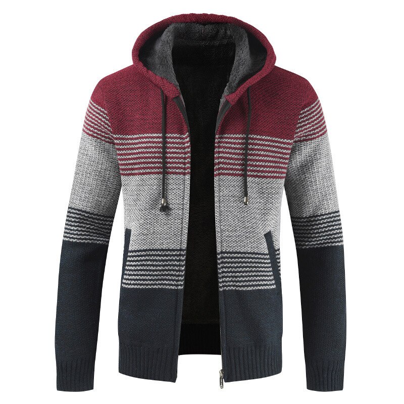 Mountainskin Men's Sweater Coat Spring Autumn Mens Hooded Stripe Coat Thick Zipper Wool Sweater Cardigan Jumpers Male SA868: Red / XL