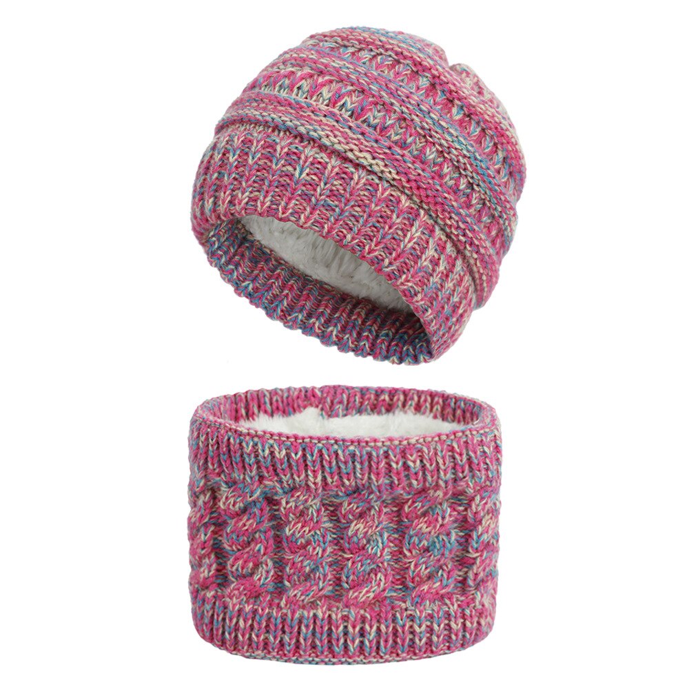 Winter Children's Skullies Hat Scarf Set Thick Knitted Kids Two pieces Fluffy Hats Scarf Sets Solid Warm Cap Girls boys Hats: rose red