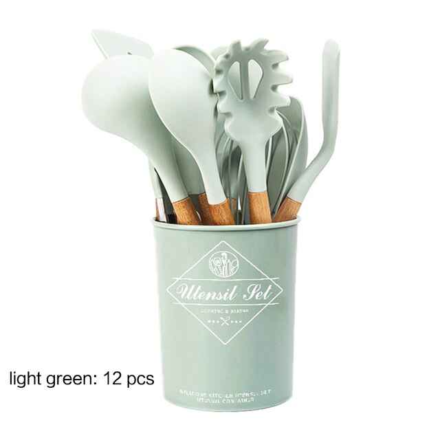 11pcs non-stick spatula kitchen utensils cooking set Multi-color storage barrels wooden handle silicone kitchen utensils: set 5