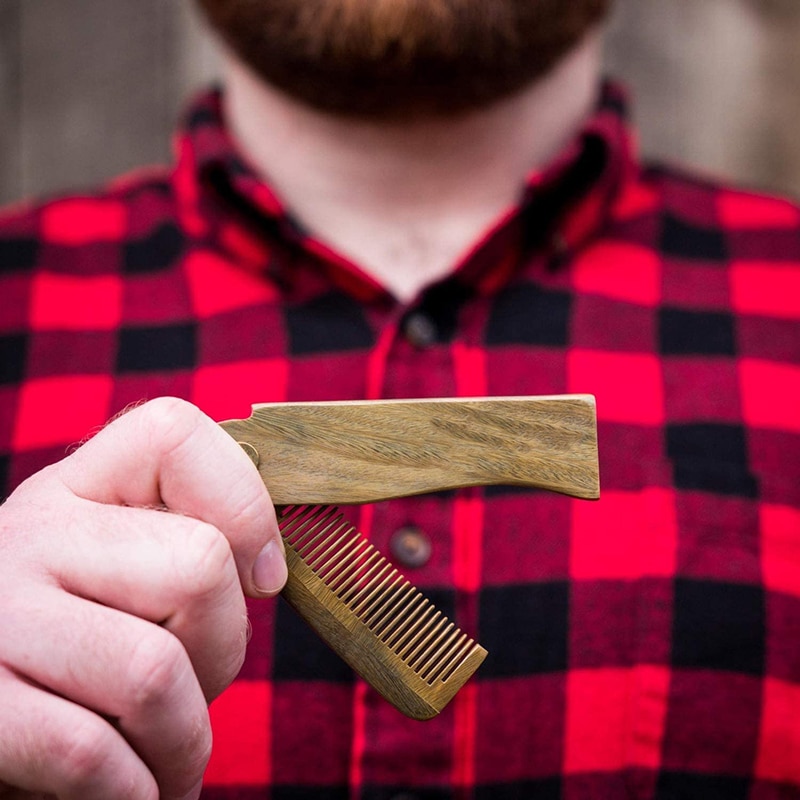para barba peine hombre cepillo pelo Peine de madera Natural de sándalo para barba, bolsa plegable, cepillo de pelo, barba y bigote, para hombres