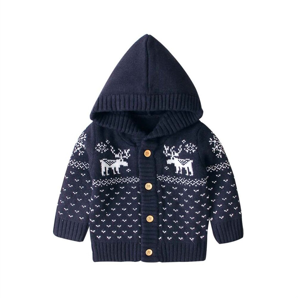0-24m xmas nyfødte spædbarn børn baby pige dreng elg strikket langærmet hættejakke jakke cardigan sweater tøj baby tøj: Mørkeblå / Nyfødt