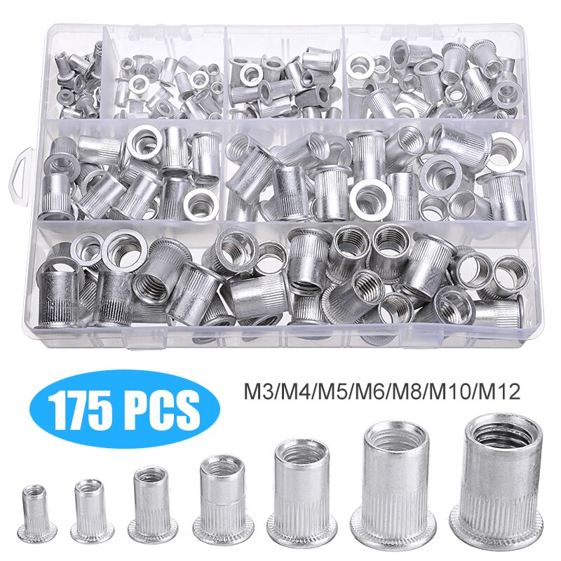 Durable 175 Uds de aluminio remache roscado inserción de tuerca M3 M4 M5 M6 M8 M10 M12 remache tuerca mezclar Universal tuercas surtido Kit