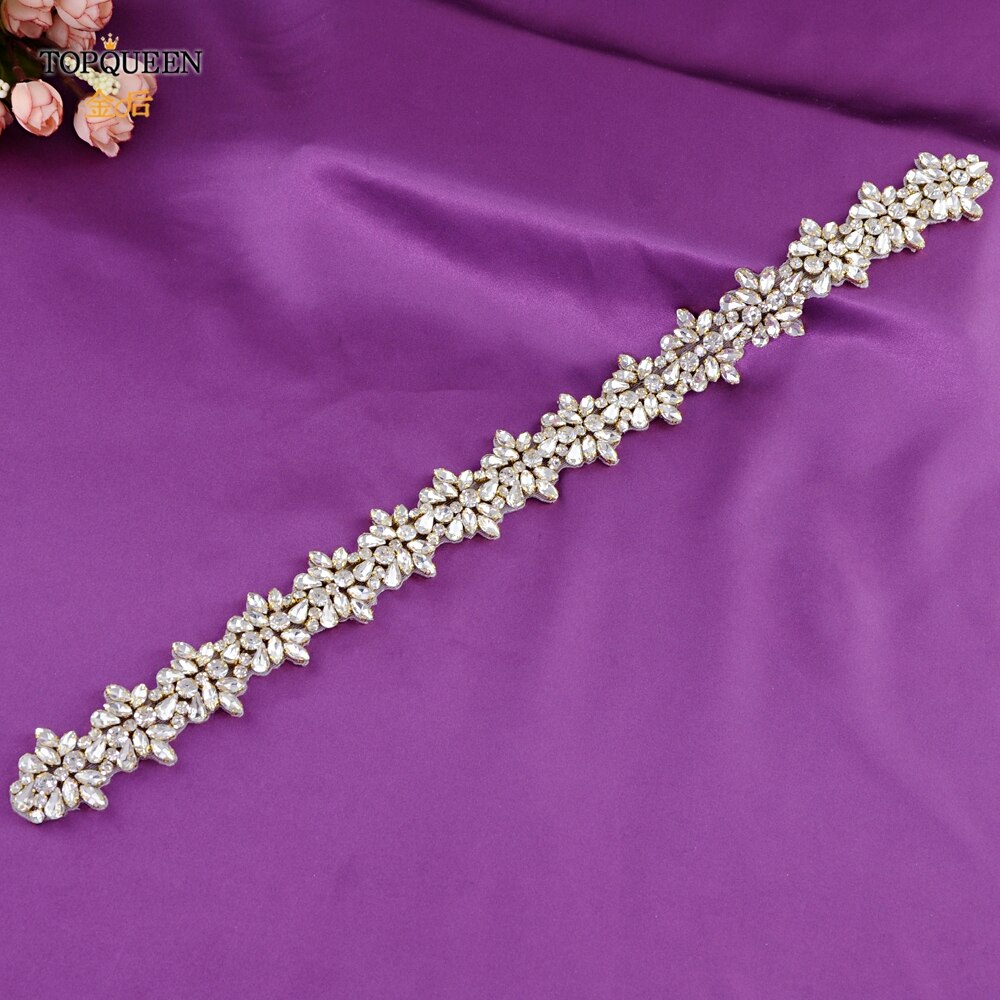 TOPQUEEN (1pc) s269 Braut Hochzeit Silber Strass Applikationen Gürtel Rose Gold Kristall Perlen Patch Eisen auf für Hochzeit Kleider