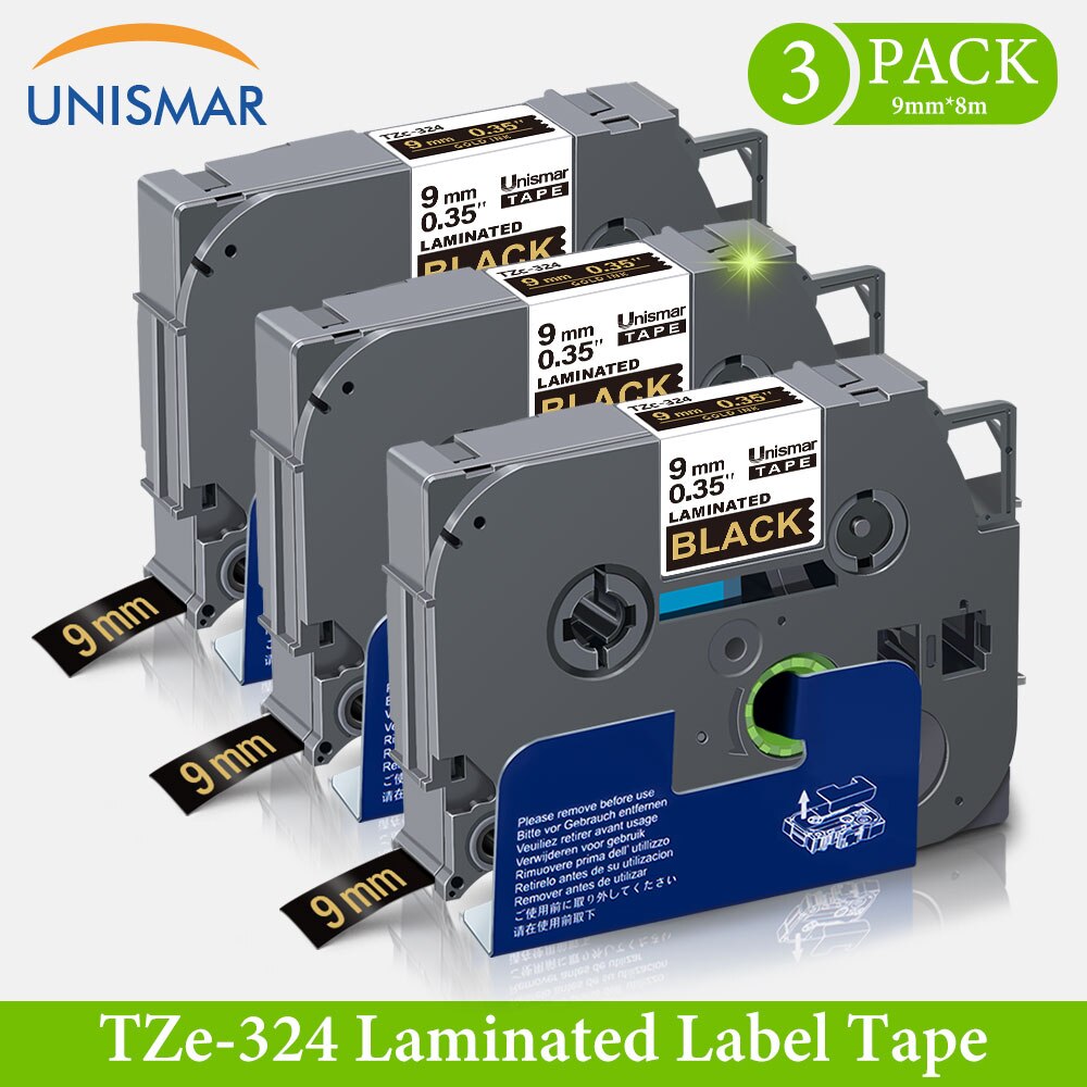 3PK 9mm tze Tape Blue on White tze-223 tz223 Compatible Brother Labller 8m Long Laminated Printer Ribbon for P Touch H105 3600: Gold on Black