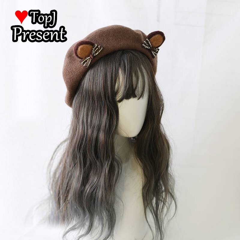Japanse Zoete Leuke Meisje Super Leuke Baret Beer Oor Wollen Muts Zachte Schattige Beer Oor Veelzijdige Baret: chocolate and bow