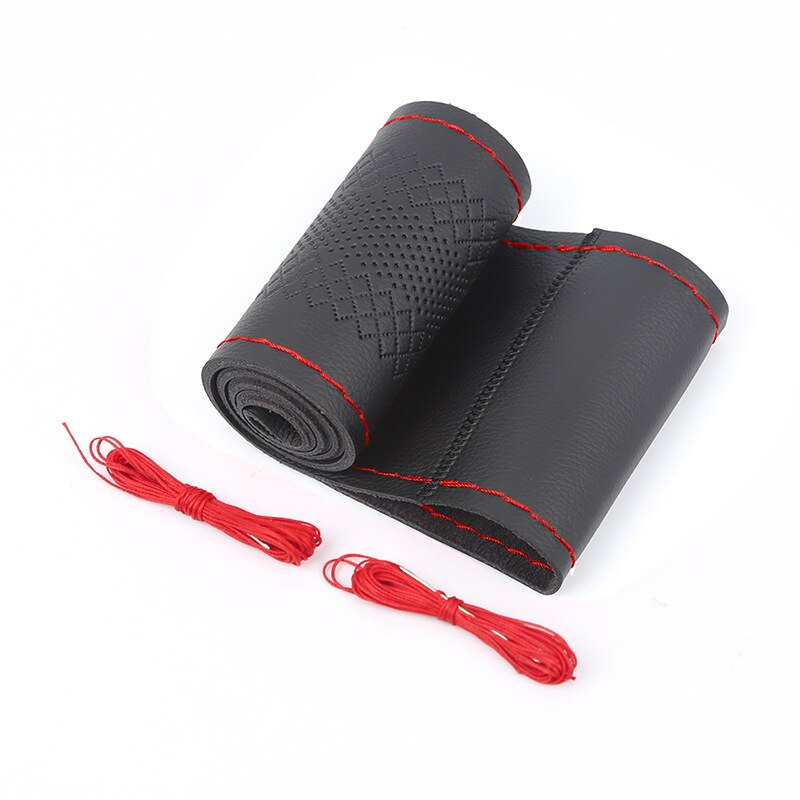 DIY Microfiber Soft Leather Car Hand Sewing Steering Wheel Cover With Needles And Thread For Diameter 38cm Auto Car Accessories: Black1 (Red Thread)
