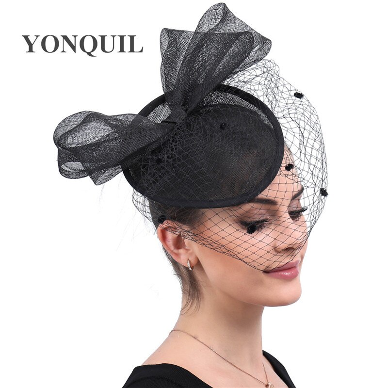 Fancy Grote Boog Haar Mesh Tovenaar Zwarte Hoed Haarspelden Bruiloft Hoofddeksels Vrouwen Banket Hoofddeksel Formele Veiling Bruid Fedora Cap