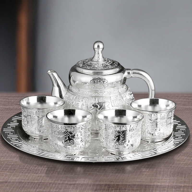 High-grade Silver Tea Set Hand-gilt Silver Teapot Baifu Suit Silver-plated Tea Wine Set Chinese Wine Glass