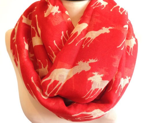 Rævmødre kvinder sød vinter elg hjorte hjort dyr print ring tørklæder snood sjal foulard til damer jul: Rød