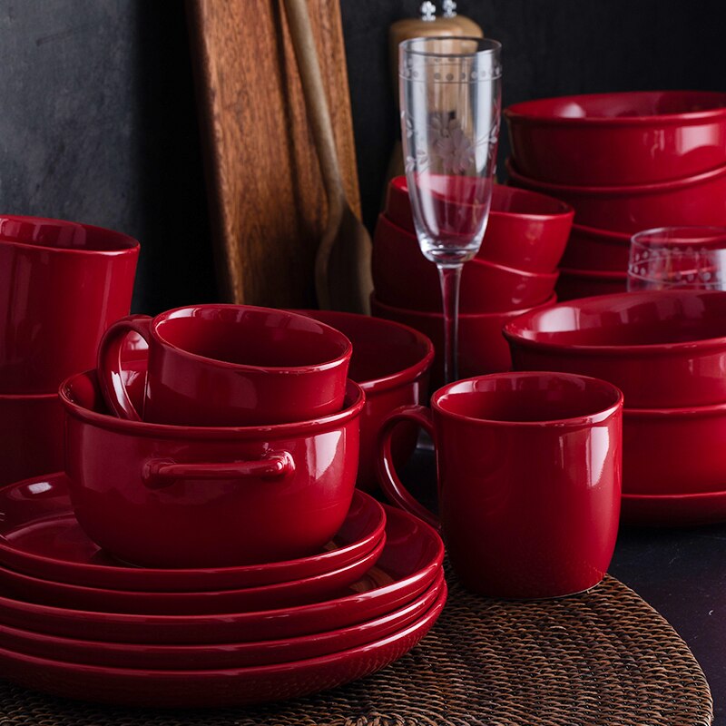 Red Glazed Ceramic Dinner Plates Modern Dinnerware Kitchen Home Festival Wedding Decor Round Serving Dishes Salad Soup Rice Bowl