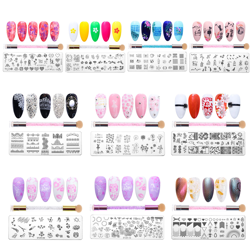 1 Set Geometrie Dieren Nail Designs DIY Nail Art Stamp Stempelen Template Bloem Manicure Image Plaat Stencil Met Spong pen