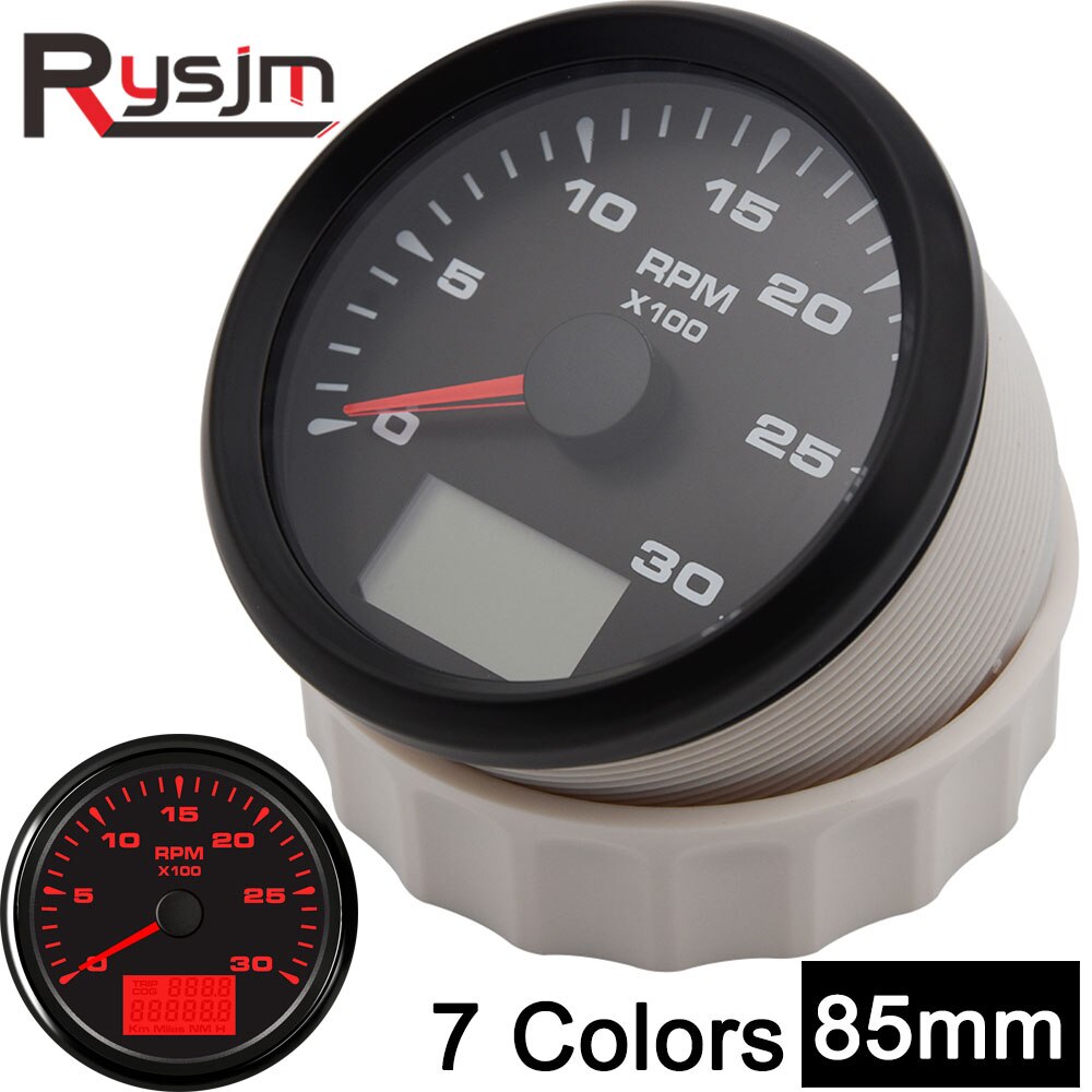 85mm 0 - 3000RPM Marine Tachometer Gauges LCd Revolution Meters with Trip Hour Meters RPM Speed Ratio 7 colors Backlight