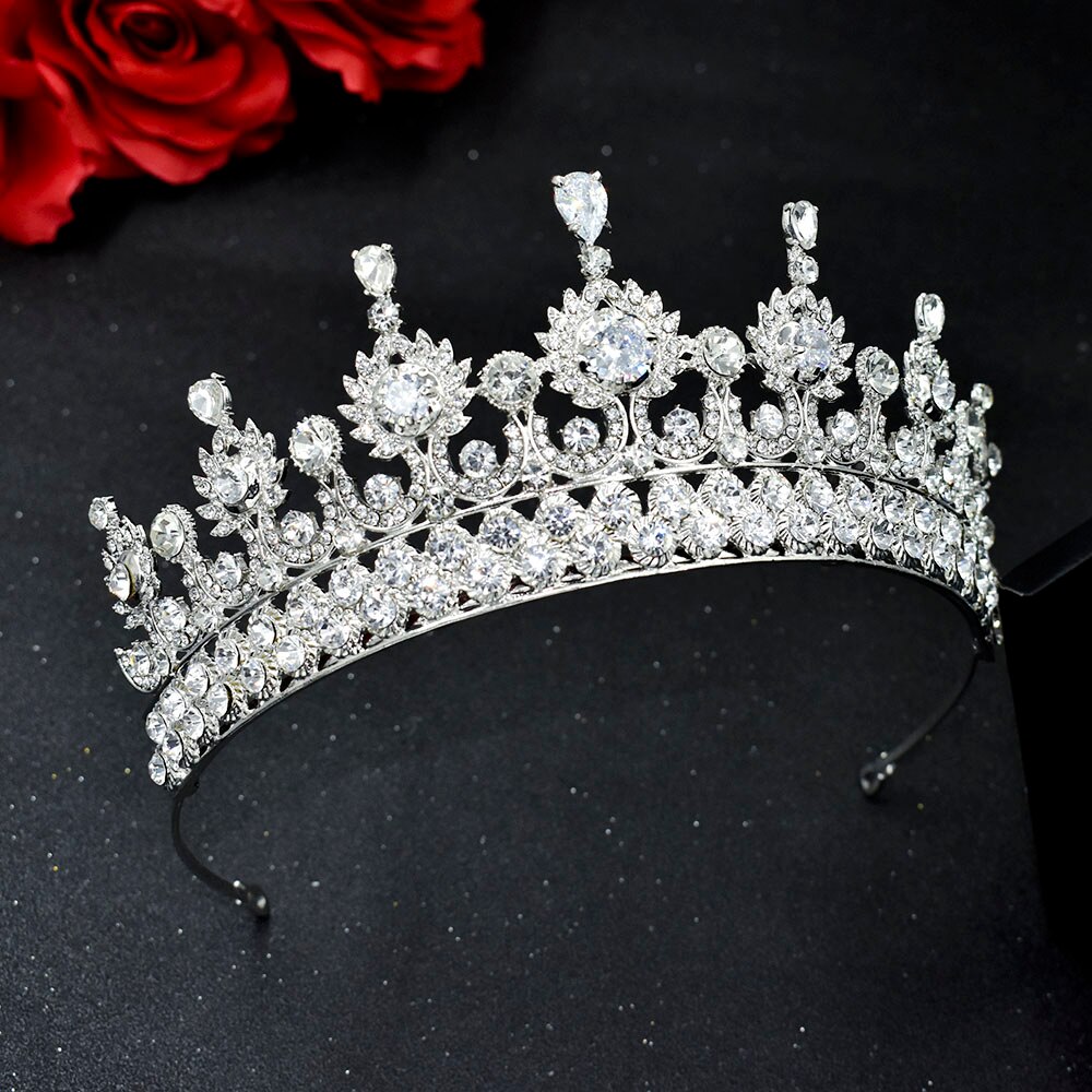 A213 Zirkoon Bruiloft Ronde Crown Luxe Diadeem Hoofdband Rhinestone Hoofddeksel Bridal Hoofddeksels Koning Tiara Prinses Haar Jewerly: Rhodium Plated