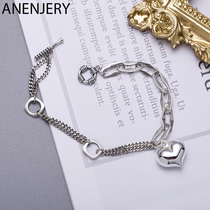 Anenjery Handgemaakte Geometrische Liefde Hart Armband Voor Vrouwen Asymmetrische Chain Charm Armband Bangles Met S925 Sieraden S-B421