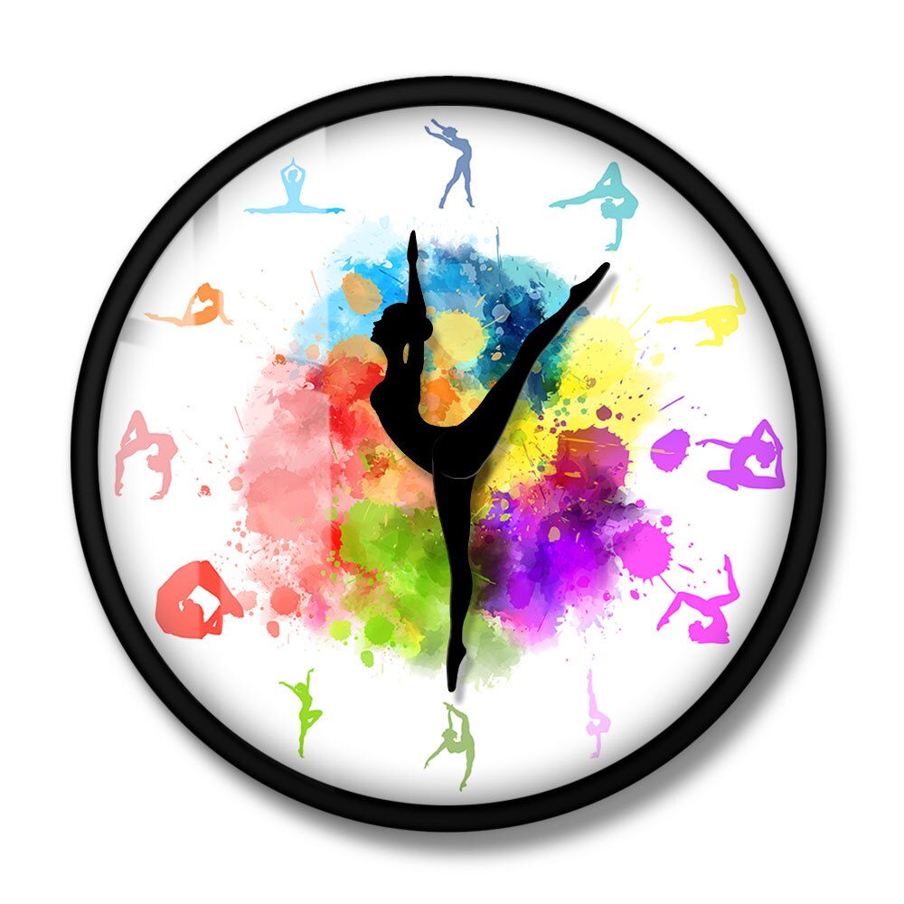 Gymnastics Girls Colorful Printed Wall Clock Sports Home Decor Gymnast Moving Clock Hands Decorative Wall Watch For Girls Room: Metal Frame