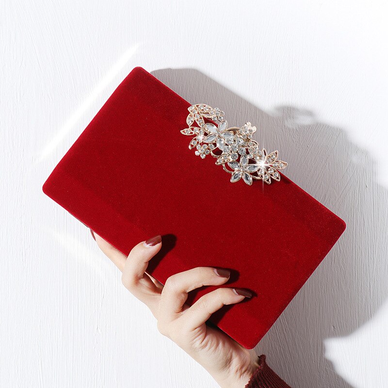 Pochette de soirée pour femmes sac de fête noir pochette sac à main exquis diamant fleur serrure sac de mariage velours sac à main sac à bandoulière ZD1281: Red