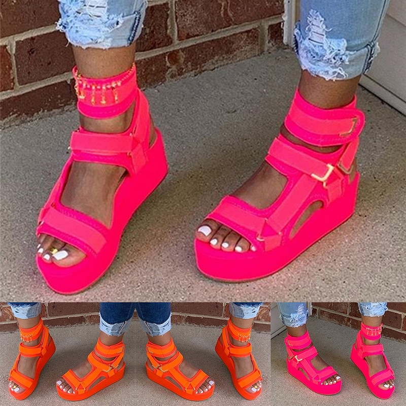 Kvinnor sandaler krok & loop plattform öppen tå orange sandaler kvinnor platt sommar utomhus strandskor dam sandaler för tjejer