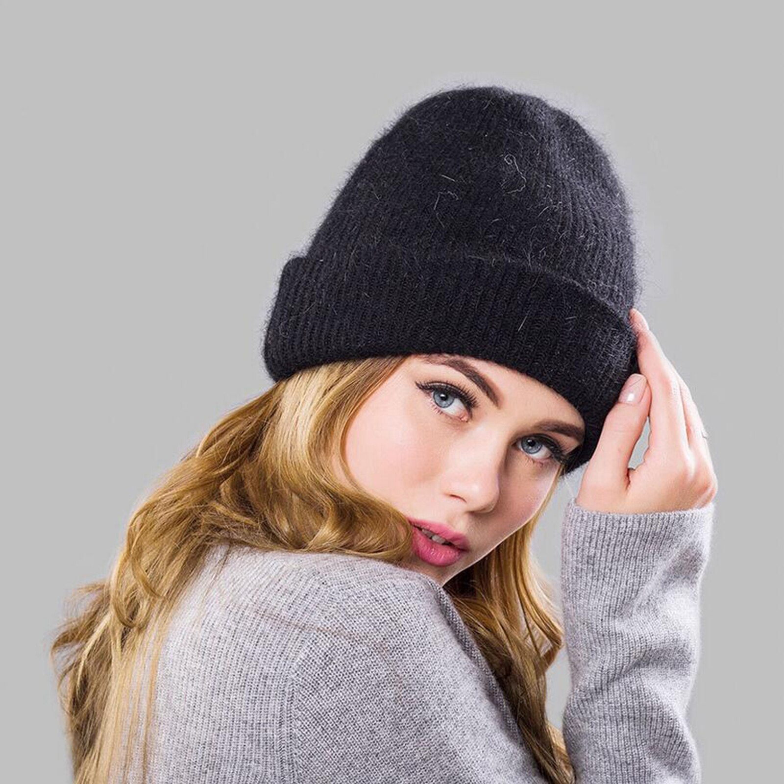 Winter Hats Knitted Beanie Hat Cashmere Autumn Bonnet Unisex Cuffs Beanie: Black