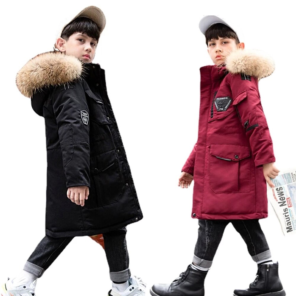 2021 inverno para baixo parkas crianças meninos jaqueta de inverno roupas 6 8 10 12 anos longos meninos snowsuit outwear pele hooed casaco quente roupas