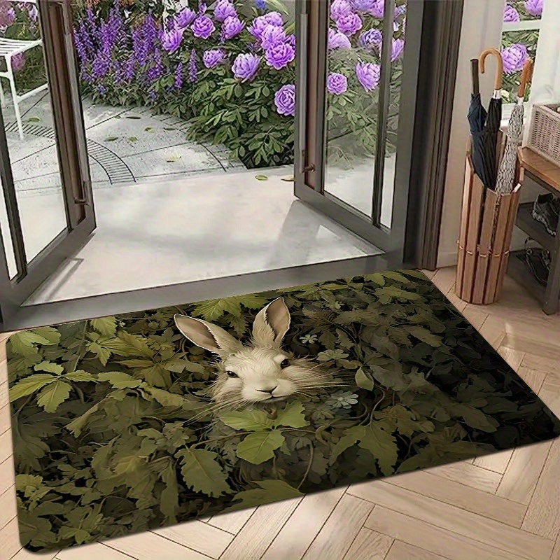 Magisch bosdierkleed – polyester mat met konijnenprint voor woonkamer, slaapkamer en entree, duurzaam laagpolig groen woondecoratie