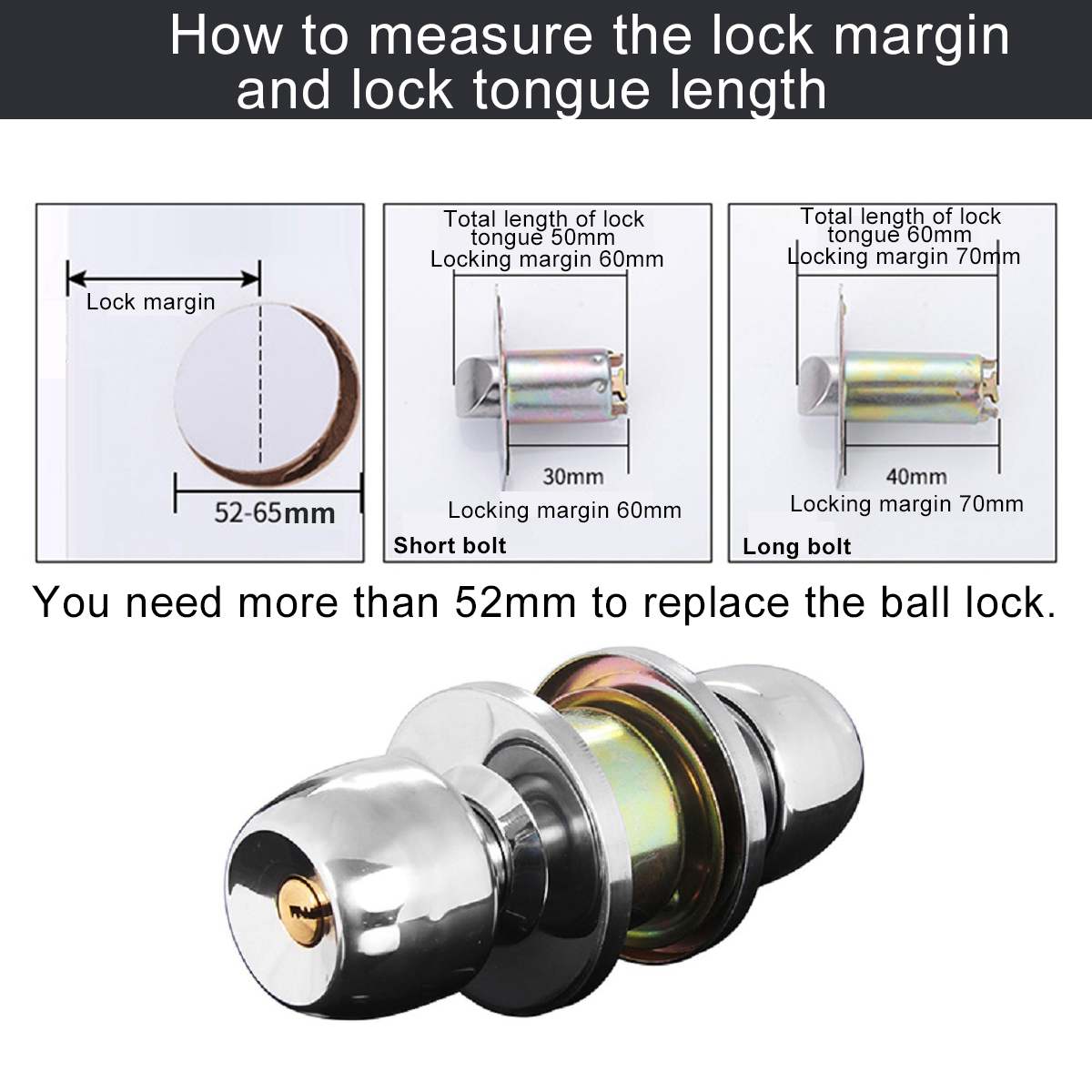 Adjustable Stainless Steel Round Ball Door Knobs Rotation Lock Knobset Handle Entrance for Bedrooms Living Rooms Bathrooms