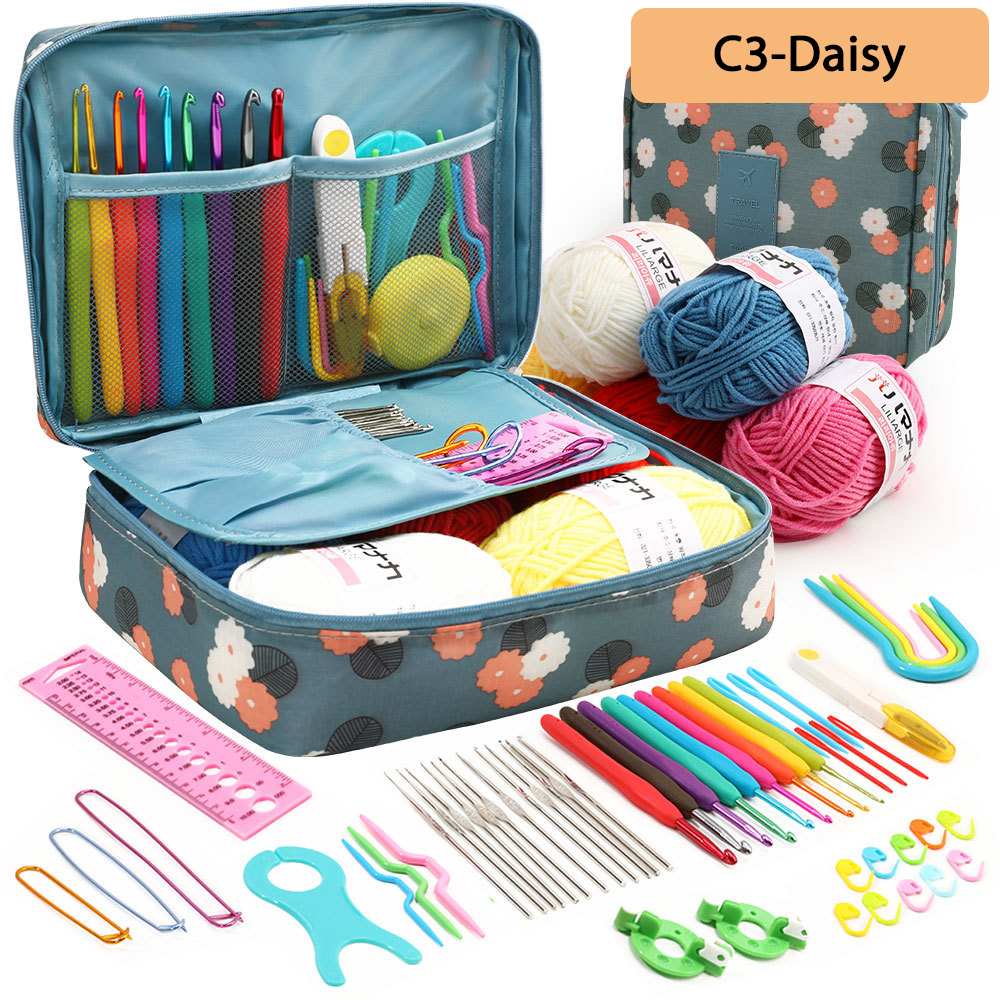 59 Pieces Knitting Crochet Set, Home Use Sewing Tool Kit, Craft Knit Tools with Crochet Thread, DIY Craft Sewing Tools with Bag: Blue