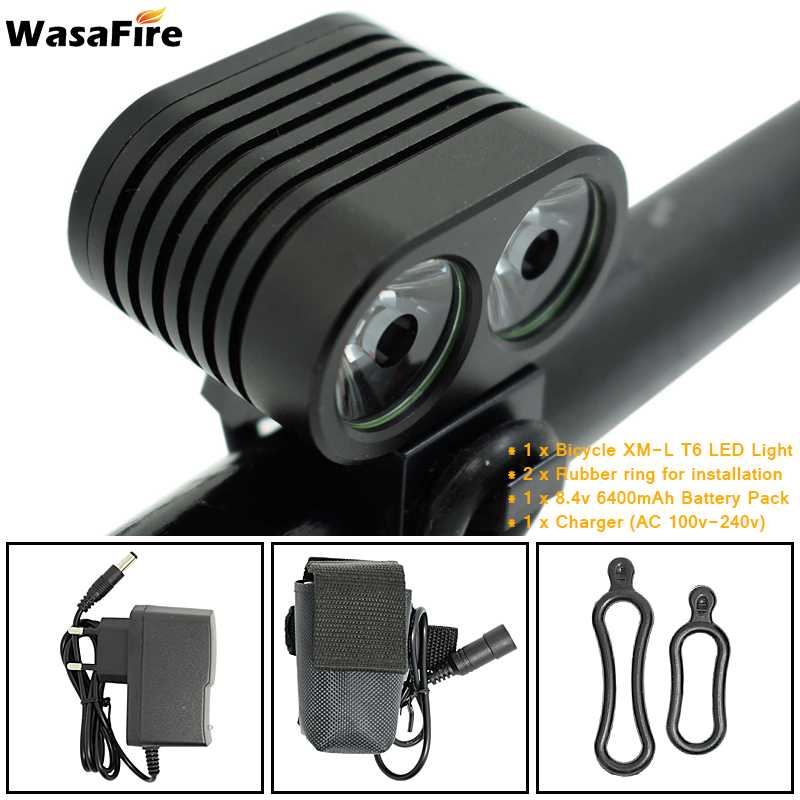 Wasafire Mini 2 * XM-L2 Led Fiets Licht 5000LM Fiets Koplampen 4 Modes Mtb Koplamp Fietsen Lamp + 8.4V 18650 Batterij: with 6400mah battery