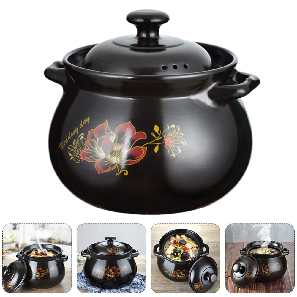 1 Pc Earthenware Pot Ceramic Soup Cooking Pot Practical Stew Pot (Black)