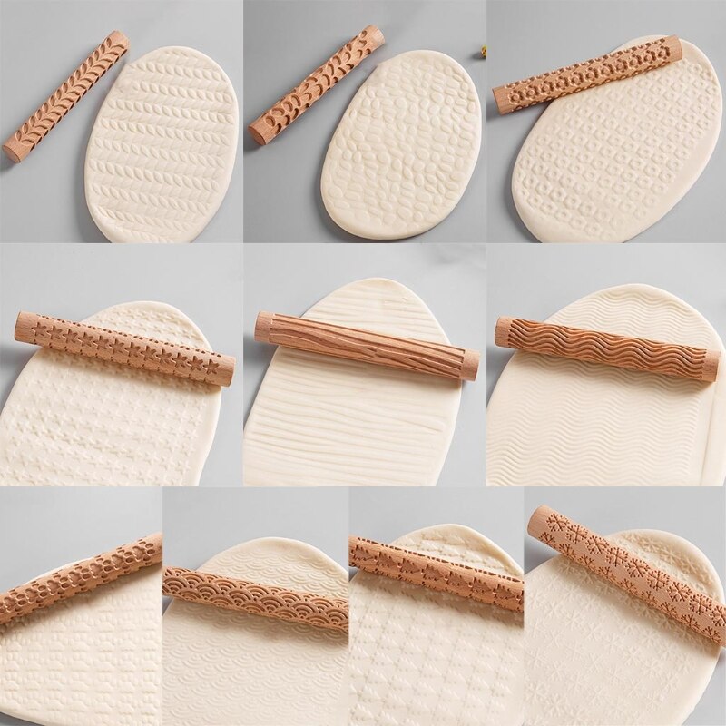 Embossing Rolling Pin Christmas Theme Pattern Engraved Wooden 3D Roller for Embossed Pastry Fondant Cake Dough Kitchen