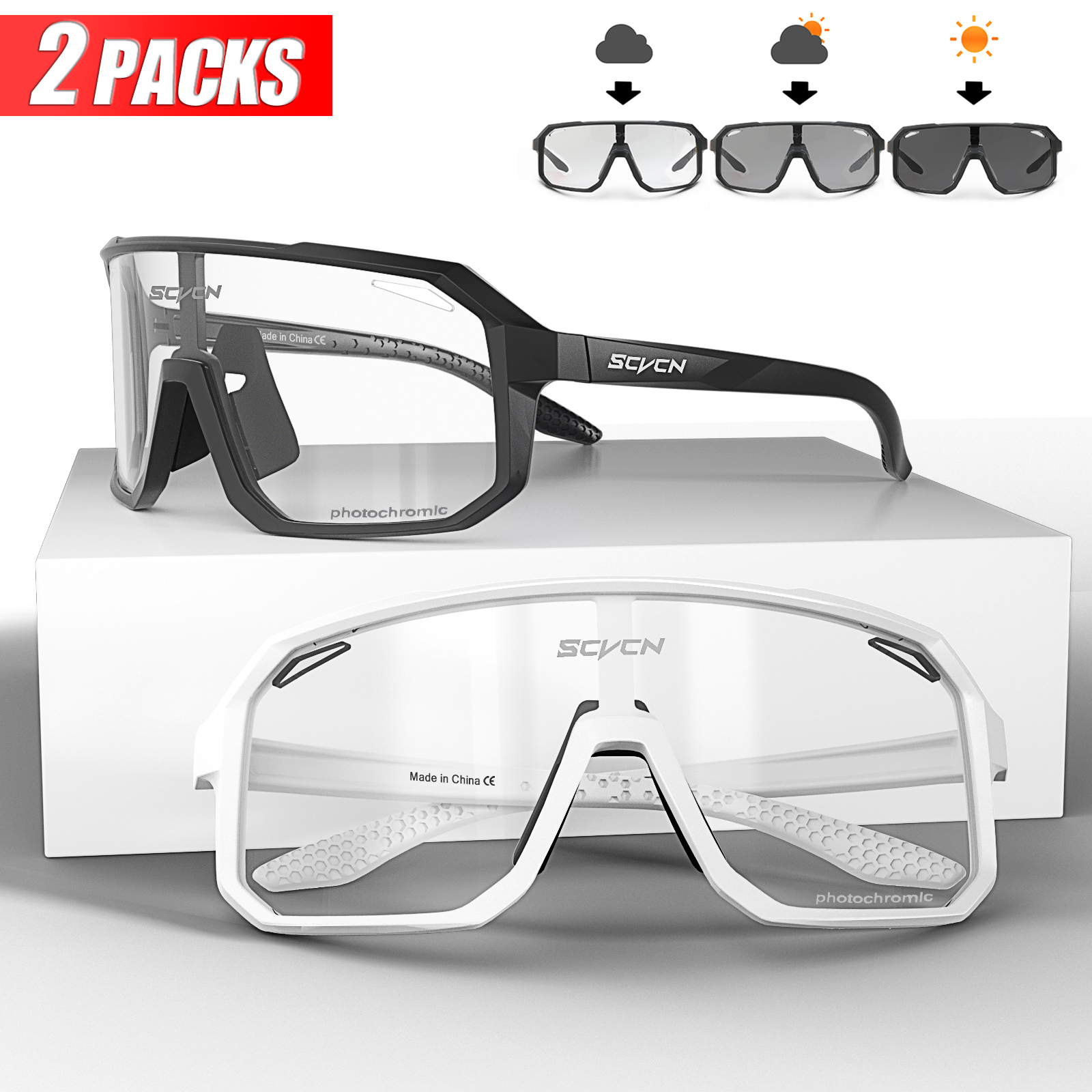 2 Packs Fotochromische Fietsen Zonnebril Mtb Fietsbril Bril Fiets Mountainbike Heren Sport Brillen Brillen: Black