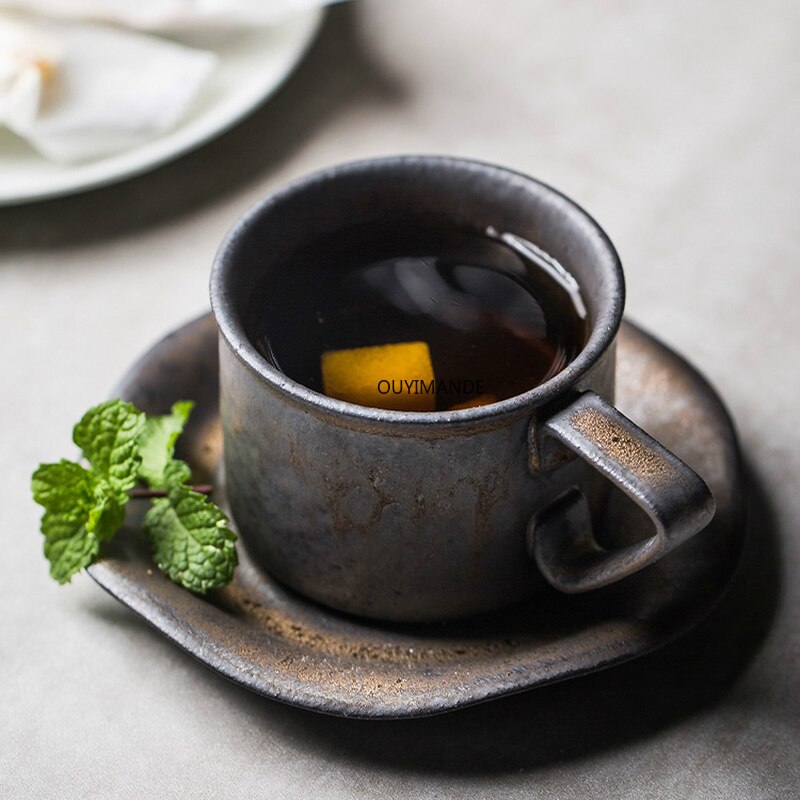 100ml Chinese retro Handmade gold glaze Ceramic coffee cup saucer set tea cup set mug Dessert Plate