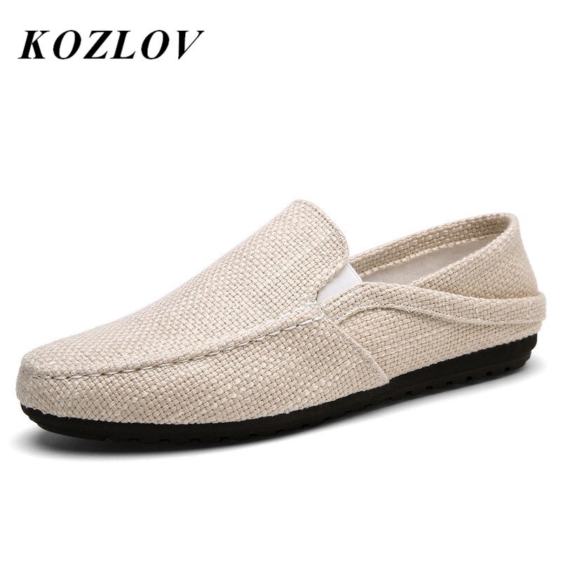 KOZLOV Summer Men Hemp Shoes Espadrilles Breathable Casual Boat Shoes Men Loafers Ultralight Lazy Shoes Beige Flats
