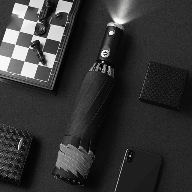 Automatic Umbrella 10 Ribs Windproof Reflective Stripe Umbrella Folding Travel Umbrellas with LED Light Flashlight: Black