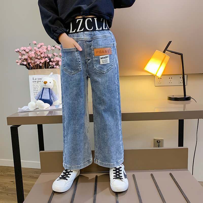 Stilfulde børnebukser piger jeans bogstavtalje straight jeans smarte frontlomme denim bukser med brede ben 4 6 7 8 9 10 11 12 år