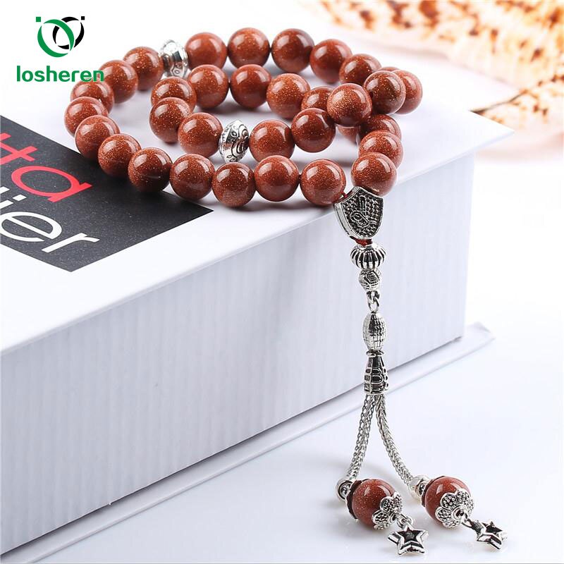 LOSHEREN Natural Gold Sand Stone Tesbih Islamic Prayer Beads Tasbih Muslim Rosary Misbaha Tasbeeh Sibha For Ramadan