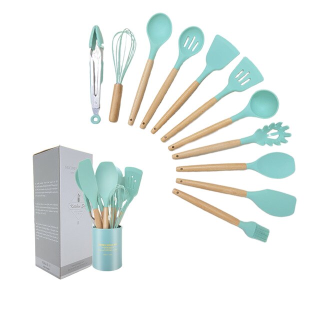 ATUCOHO 12PCS Kitchen Utensils Cooking Kit Silicone Accessories Spaghetti Food Clip Oil Brush Spatula Egg Beater Kitchen Tools: 12pcs green set