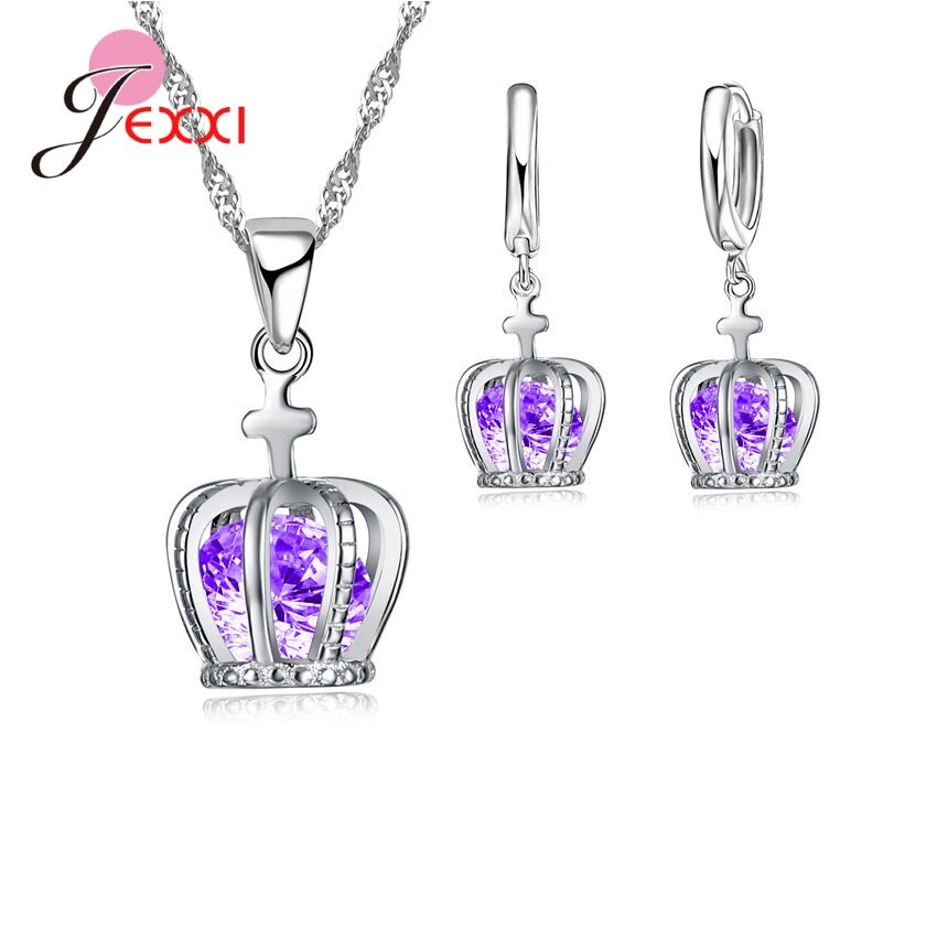 Conjunto de joias prata esterlina 925, joias da moda com coroa cruzada: Purple
