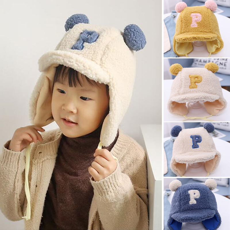 Inverno quente bebê meninos letra p cordeiro veludo earflap chapéu duplo pompom boné beanies para crianças criança gorro eargflap